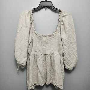 GRACE+KARMA women's blouse top size 1X beige linen blend smocked chest